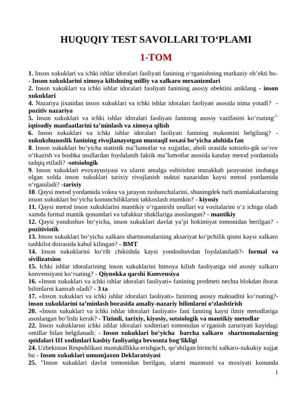 Huquqiy test savollari to'plami 1-TOM