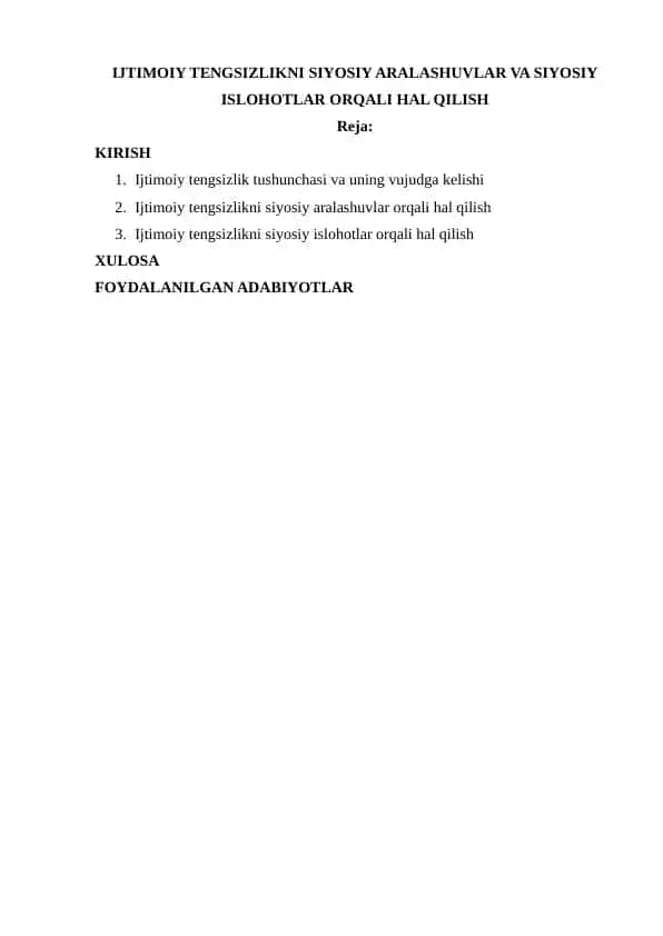IJTIMOIY TENGSIZLIKNI SIYOSIY ARALASHUVLAR VA SIYOSIY ISLOHOTLAR ORQALI HAL QILISH