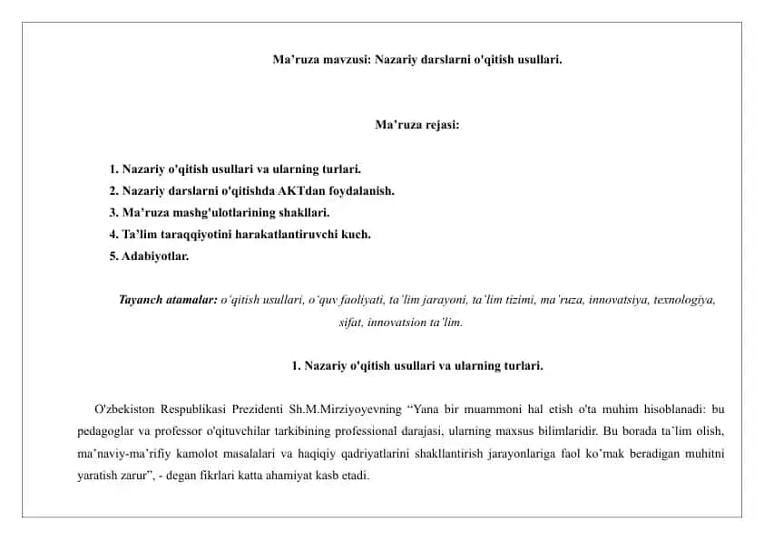 Nazariy darslarni o'qitish usullari. Ma'ruza matni 6 bet.