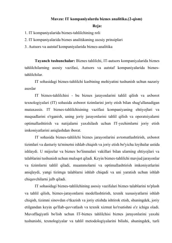 IT kompaniyalarda biznes analitika