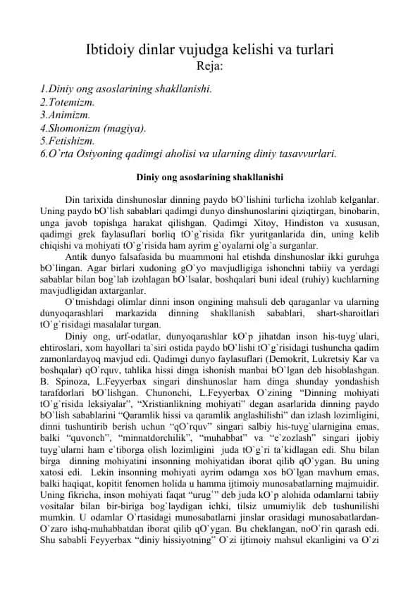 ibtidoiy dinlar vujudga kelishi va turlari