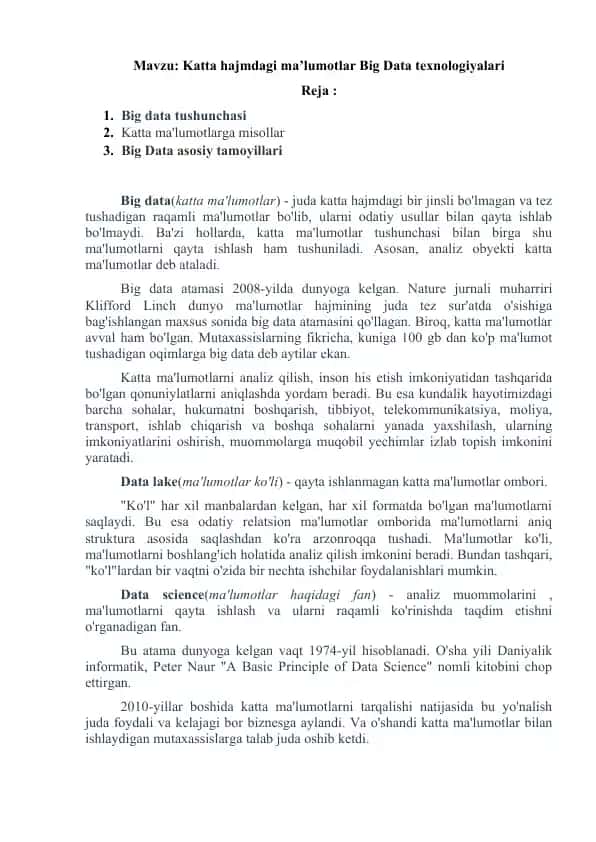 Katta hajmdagi ma’lumotlar Big Data texnologiyalari