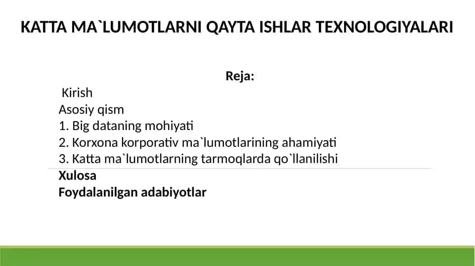 Katta Ma'lumotlarni Qayta Ishlar Texnologiyalari