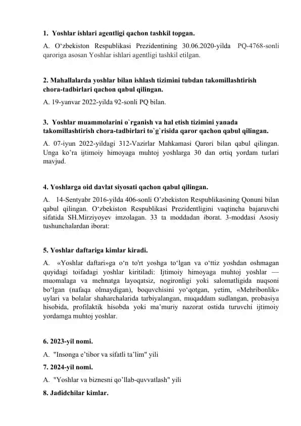 Yoshlar yetakchiligiga suhbat savollari. Javoblari bilan
