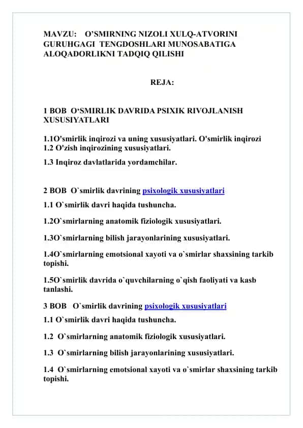 O’SIRNING NIZOLI XULQ-ATVORINI GURUHGAGI TENGDOSHLARI MUNOSABATIGA ALOQADORLIKNI TADQIQ QILISHI