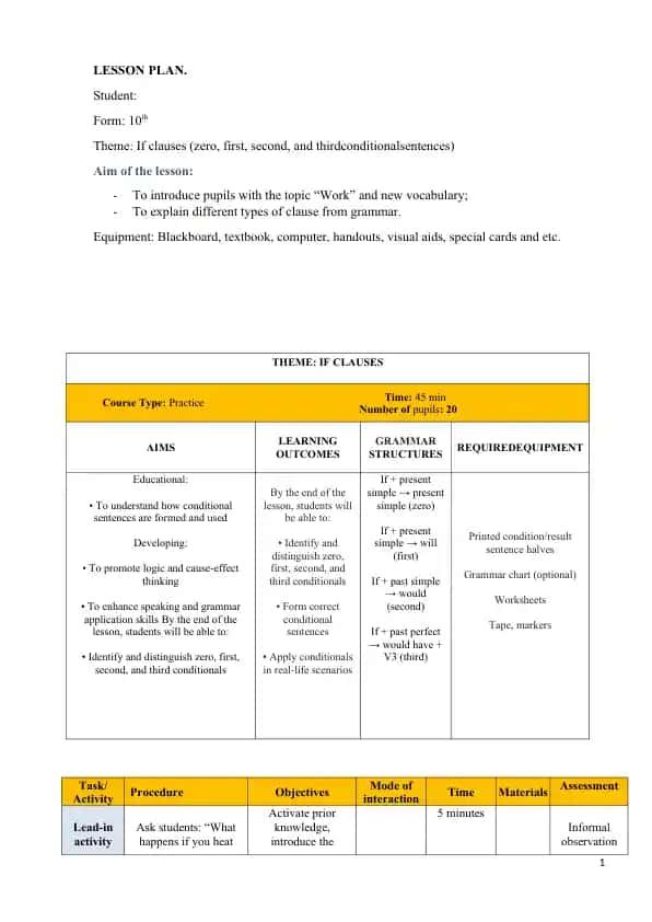 IF CLAUSES LESSON PLAN