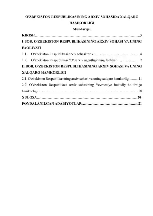O'ZBEKISTON RESPUBLIKASINING ARXIV SOHASIDA XALQARO HAMKORLIGI
