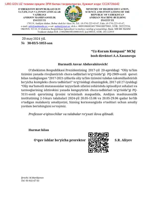 Andijon mashinasozlik institutining 2-3-kurs talabalari uchun malakaviy amaliyot