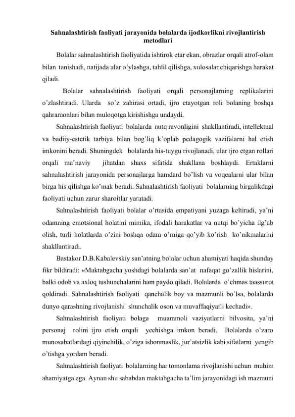 Sahnalashtirish faoliyati jarayonida bolalarda ijodkorlikni rivojlantirish metodlari
