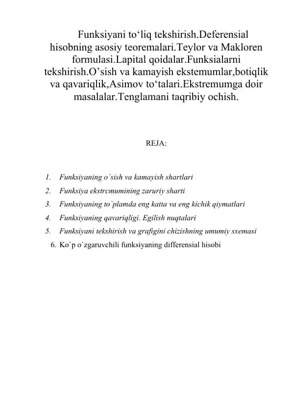 Funksiyaning o`sish va kamayish shartlari