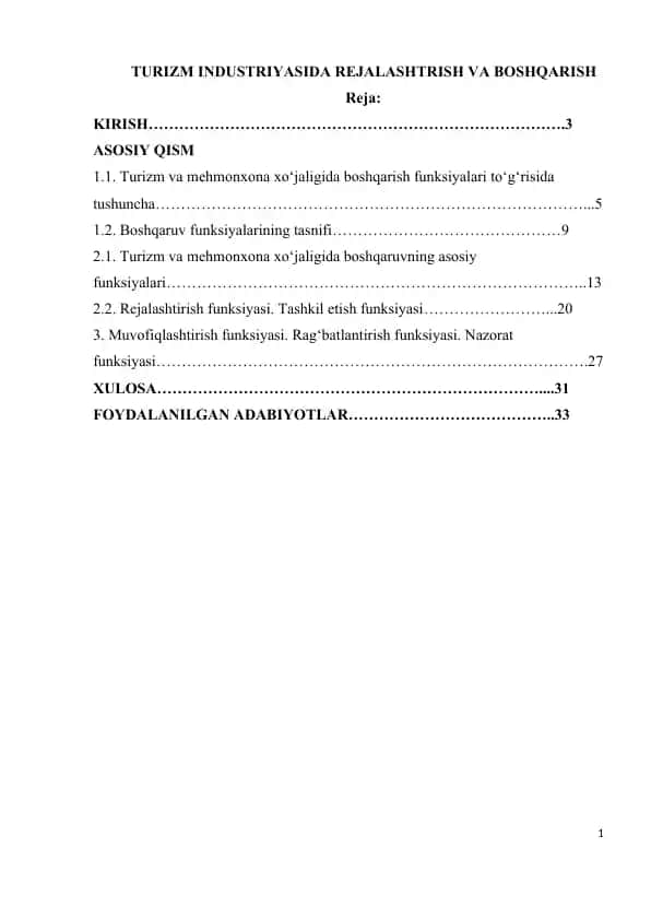 TURIZM INDUSTRIYASIDA REJALASHTRISH VA BOSHQARISH