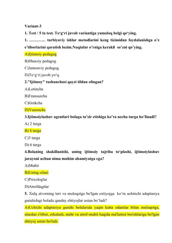 Bolalarning ijtimoiylashuvi topshiriqlarga javoblar