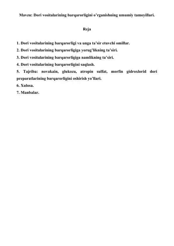Dori vositalarining barqarorligini o’rganishning umumiy tamoyillari. Referat 10 bet