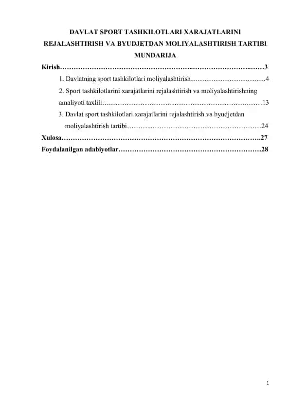 Davlat sport tashkilotlari xarajatlarini rejalashtirish va byudjetdan moliyalashtirish tartibi