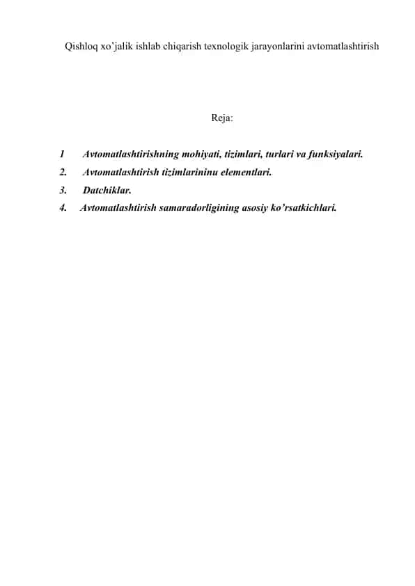 Qishloq xo’jalik ishlab chiqarish texnologik jarayonlarini avtomatlashtirish