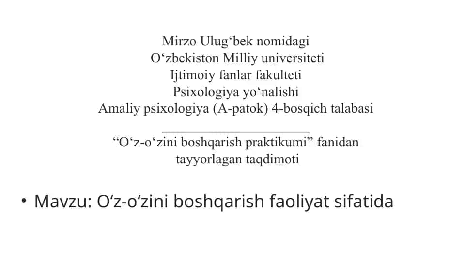 O‘z-o‘zini boshqarish faoliyat sifatida