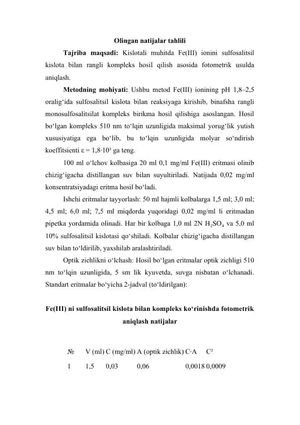 Kislotali muhitda Fe(III) ionini sulfosalitsil kislota bilan rangli kompleks hosil qilish asosida fotometrik usulda aniqlash.