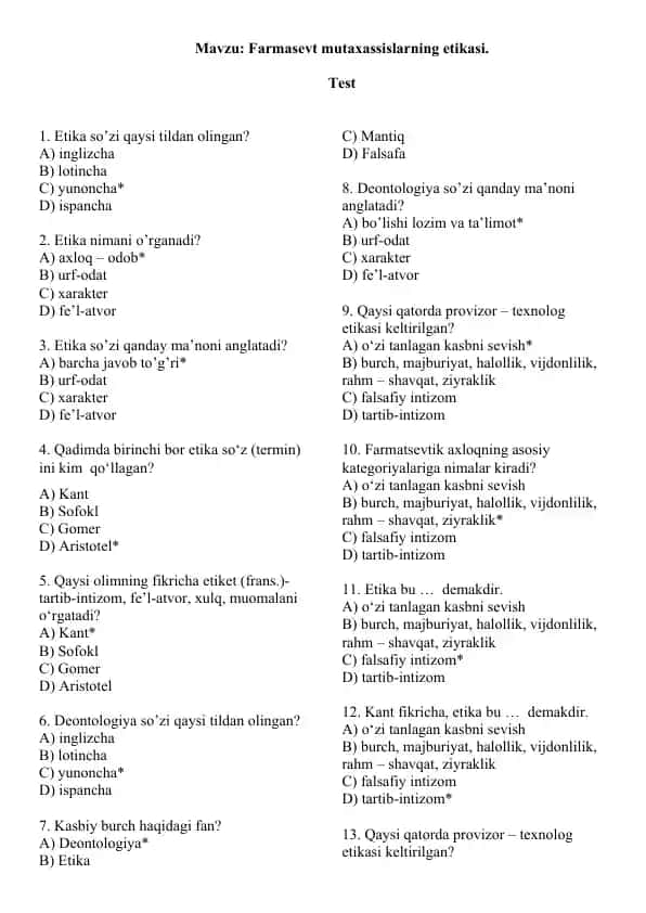10. Farmasevt mutaxassislarning etikasi. Test 15 ta, javobli.