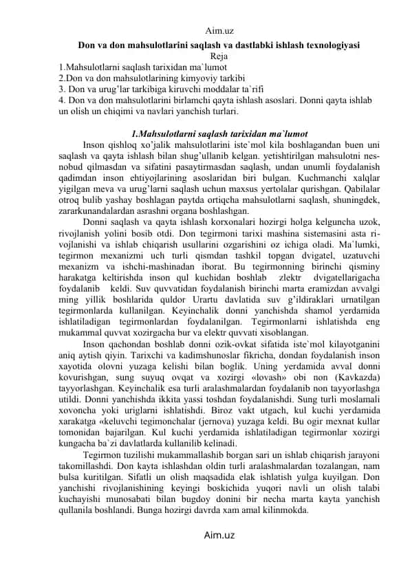 Dоn va dоn mahsulоtlarini saqlash va dastlabki ishlash texnоlоgiyasi