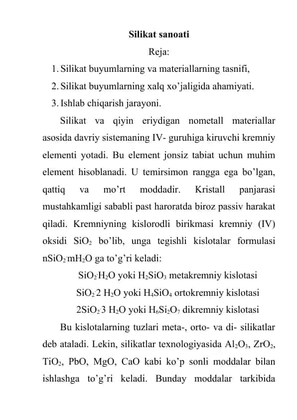 Silikat buyumlarning va materiallarning tasnifi