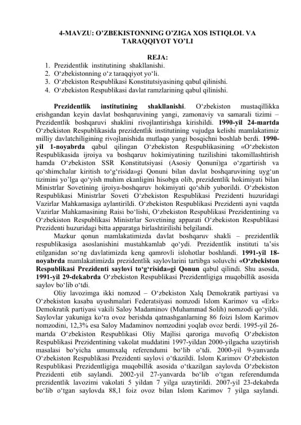 O’ZBEKISTОNNING O’ZIGА ХОS ISTIQLОL VА TАRАQQIYOT YO’LI