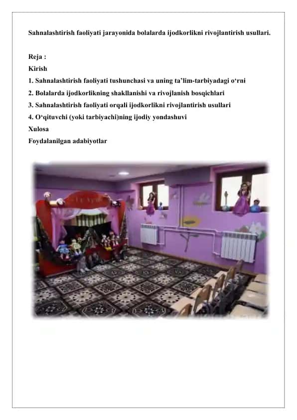 Sahnalashtirish faoliyati jarayonida bolalarda ijodkorlikni rivojlantirish usullari