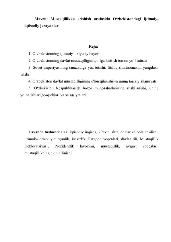 Mustaqillikka erishish arafasida O‘zbekistondagi ijtimoiy-islohotlar