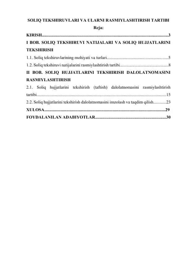 SOLIQ TEKSHIRUVLARI VA ULARNI RASMIYLASHTIRISH TARTIBI