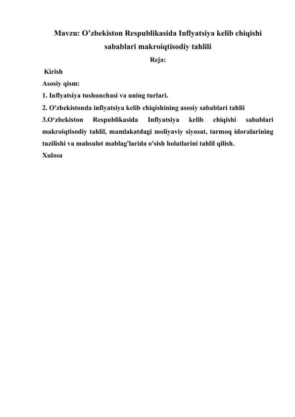 O’zbekiston Respublikasida Inflyatsiya kelib chiqishi sabablari makroiqtisodiy tahlili