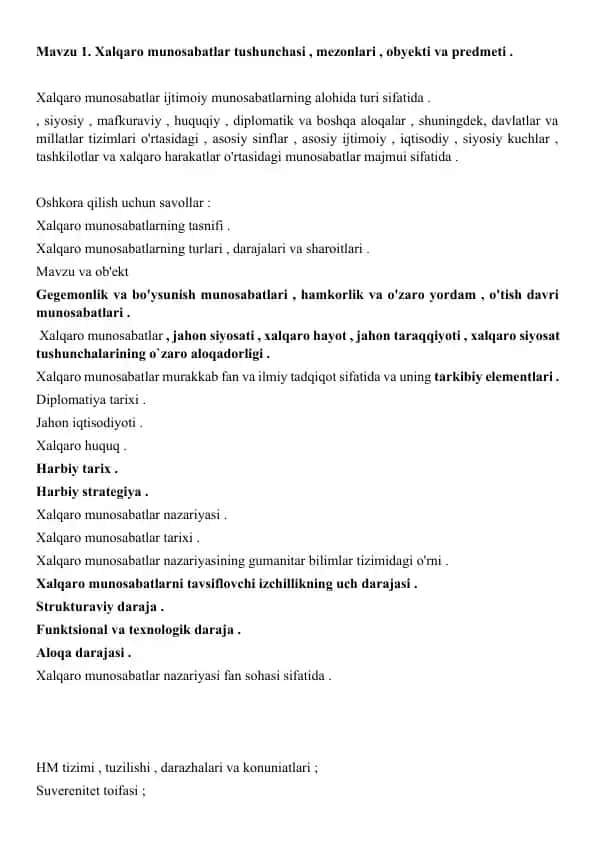 Xalqaro munosabatlar tushunchasi , mezonlari , obyekti va predmeti