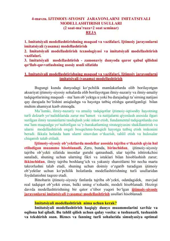IJTIMOIY-SIYOSIY JARAYONLARNI IMITATSIYALI MODELLASHTIRISH USULLARI