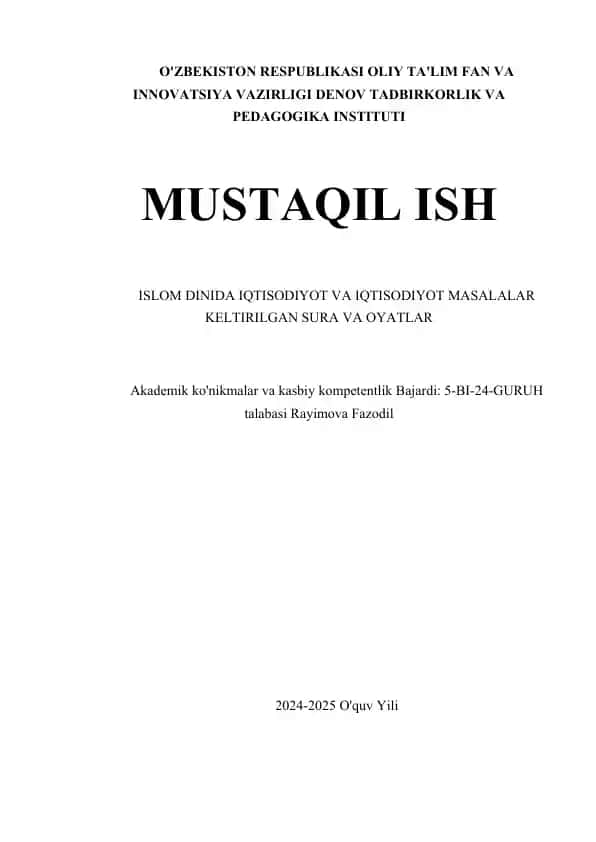 Islom Dinida Iqtisodiyot va Iqtisodiyot Masalalar