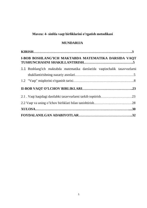4- sinfda vaqt birliklarini o’rgatish metodikasi
