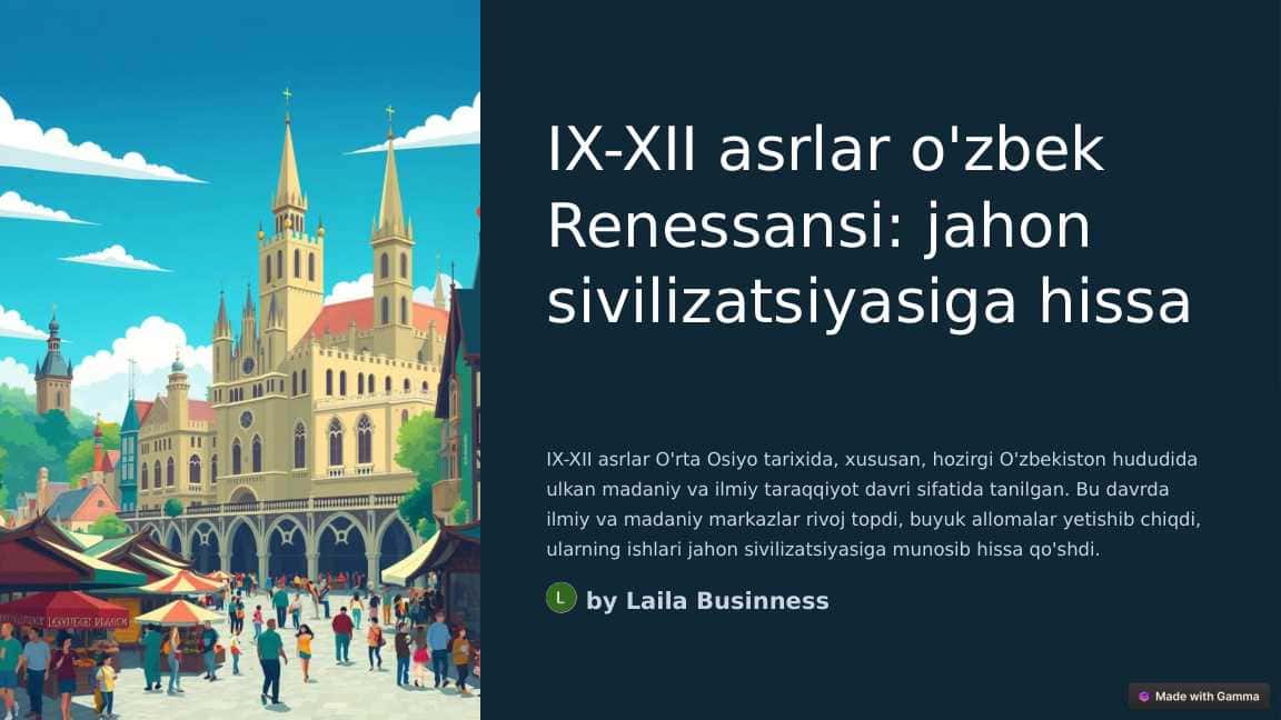 IX-XII asrlarda mamlakatimiz hududida ro'y bergan madaniy uyg'onish (Renessans).Buyuk allomalarning jahon sivilizatsiyasiga qo'shgan hissasi