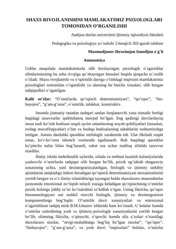 SHAXS RIVOJLANISHINI MAMLAKATIMIZ PSIXOLOGLARI TOMONIDAN O’RGANILISHI