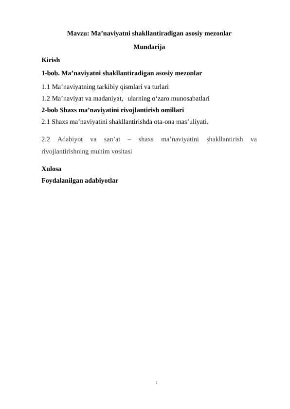 Ma’naviyatni shakllantiradigan asosiy mezonlar