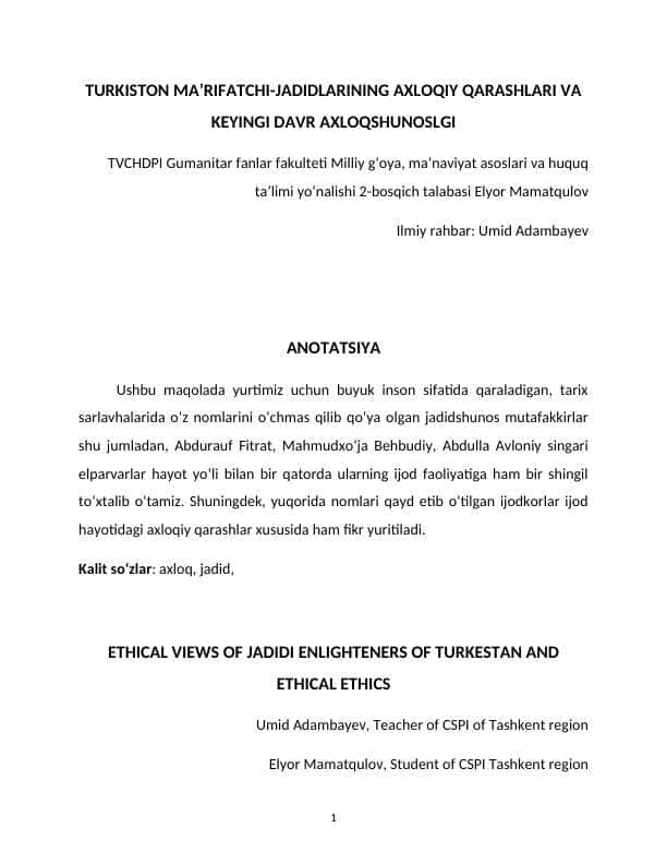 TURKISTON MA’RIFATCHI-JADIDLARINING AXLOQIY QARASHLARI VA KEYINGI DAVR AXLOQSHUNOSLGI