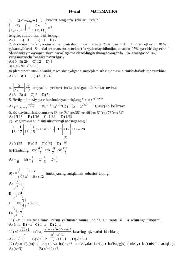 Matematika 10-sinf test