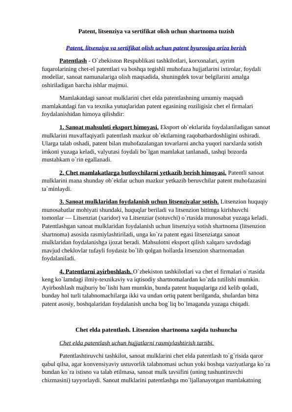 Patеnt, litsеnziya va sеrtifikat оlish uchun shartnоma tuzish