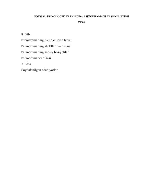 Sotsial psixologik treningda psixodramani tashkil etish