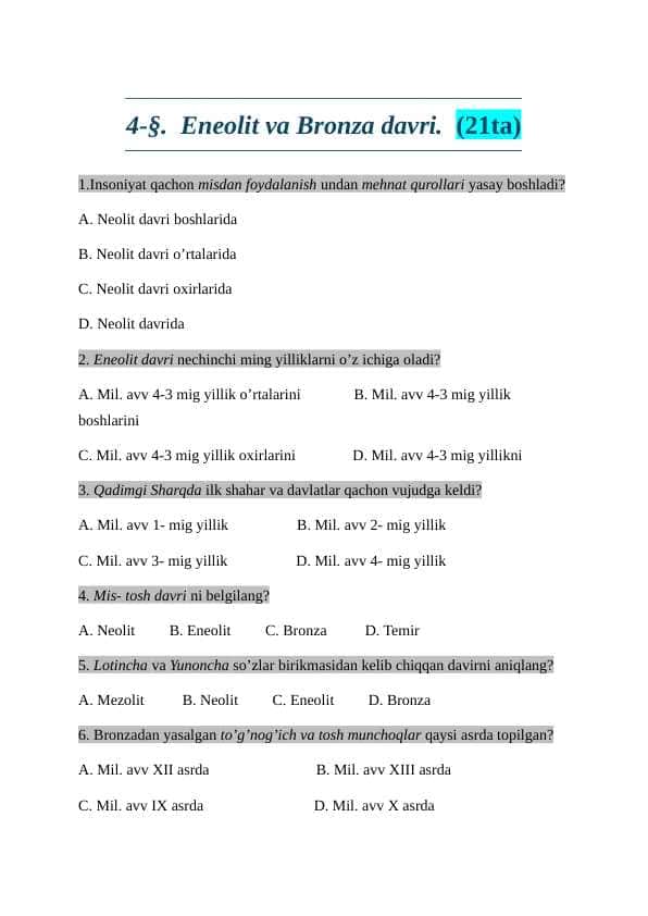 6-sinf tarix test javoblari bilan
