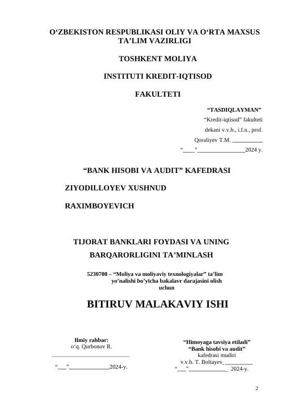 TIJORAT BANKLARI FOYDASI VA UNING BARQARORLIGINI TA’MINLASH