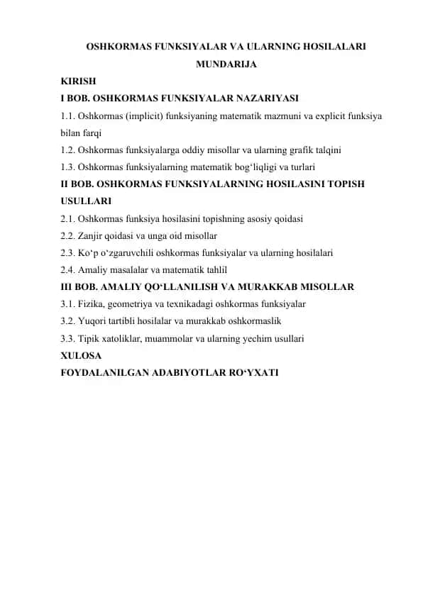 OSHKORMAS FUNKSIYALAR VA ULARNING HOSILALARI
