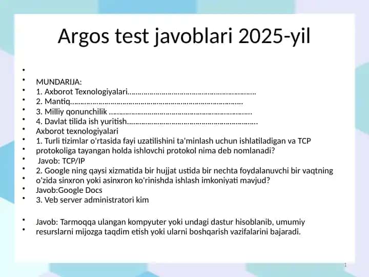 Argos testjavoblari IQ testi bilan 2025-yil yangi
