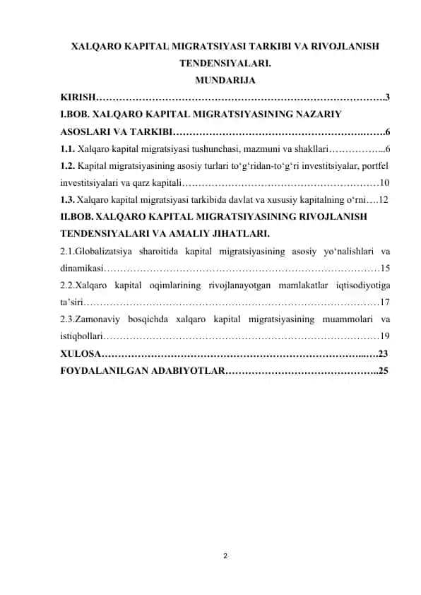 Xalqaro kapital migratsiyasi tarkibi va rivojlanish tendensiyalari