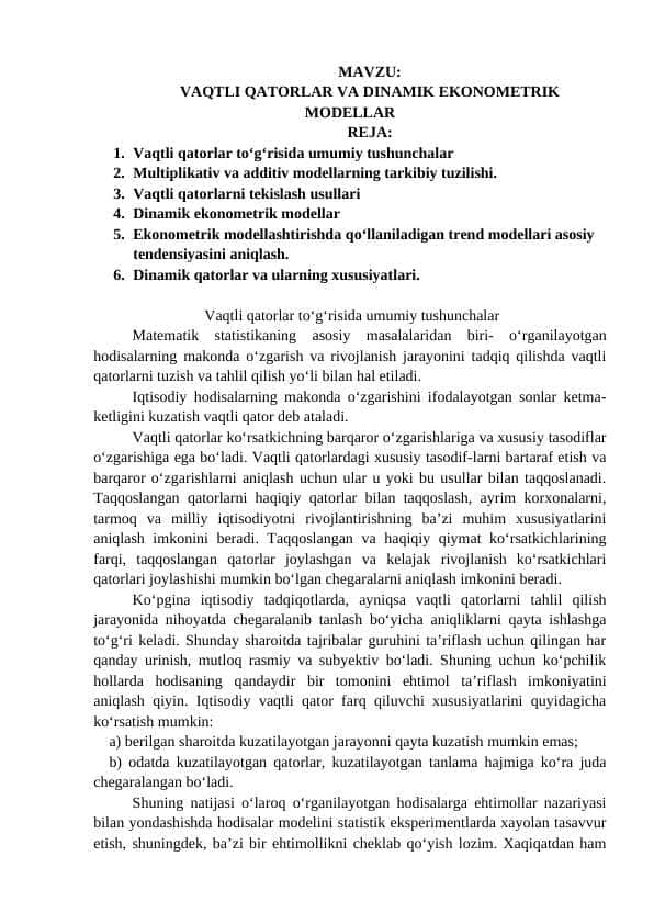 VAQTLI QATORLAR VA DINAMIK EKONOMETRIK MODELLAR