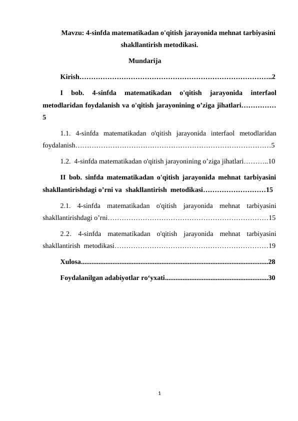 4-sinfda matematikadan o'qitish jarayonida mehnat tarbiyasini shakllantirish metodikasi.1