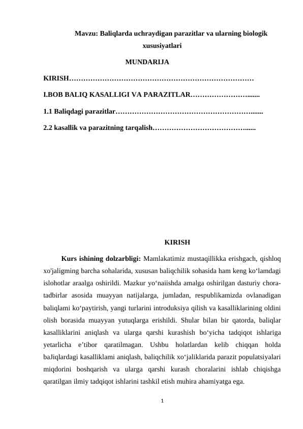 Baliqlarda uchraydigan parazitlar va ularning biologik xususiyatlari