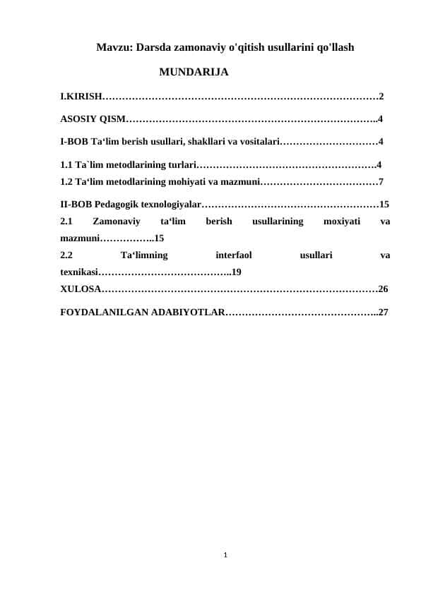 Darsda zamonaviy o'qitish usullarini qo'llash