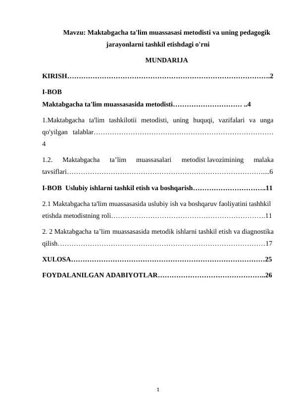 Maktabgacha ta'lim muassasasi metodisti va uning pedagogik jarayonlarni tashkil etishdagi o'rni